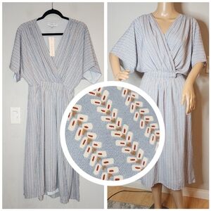 NWT Piper & Scoot Surplice Blue Brown White Kimono Short Sleeve Midi Dress Small